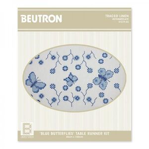 BLUE BUTTERFLIES Table Runner Traced Linen Cross Stitch Kit 40 x 100cm, 01319.02