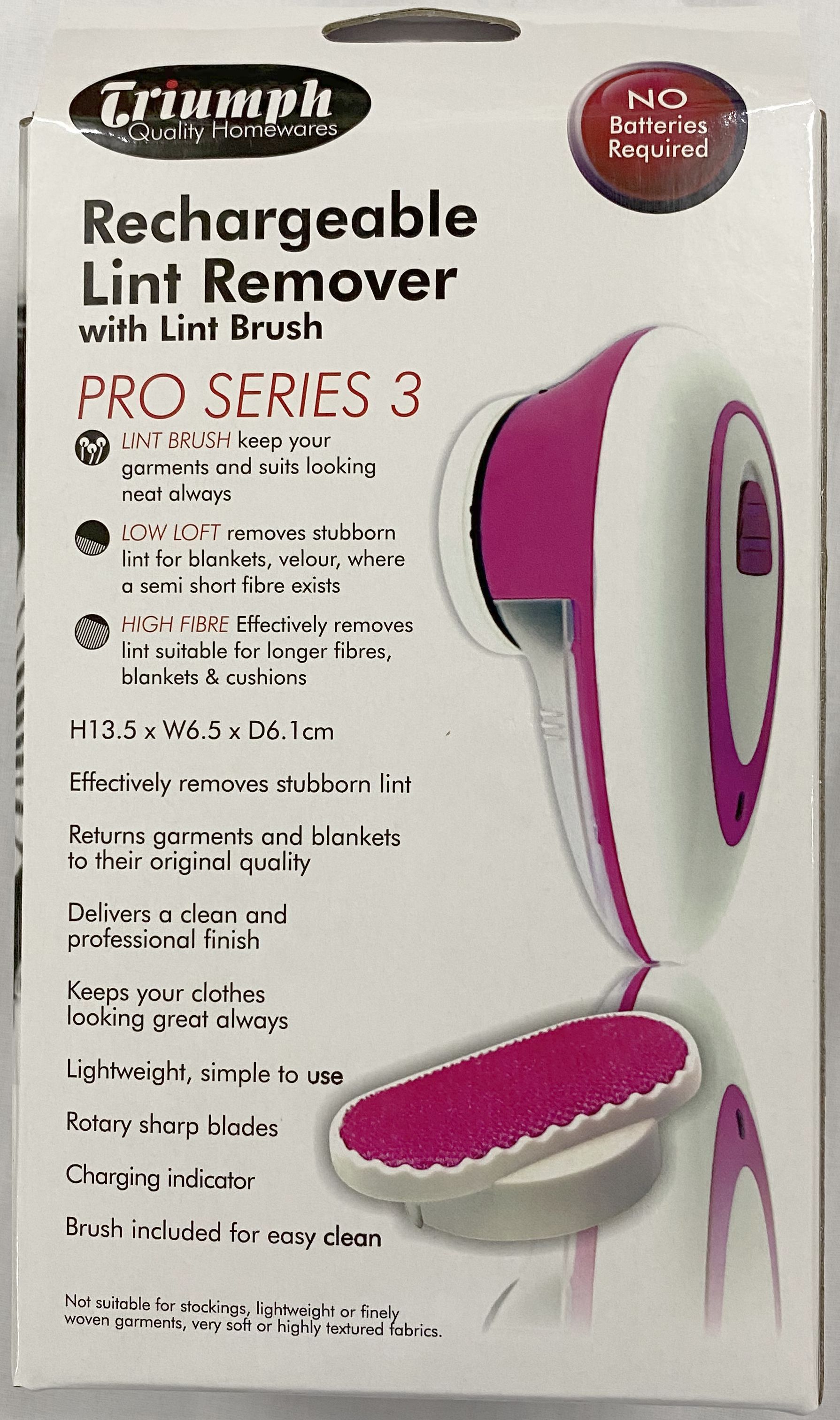 Triumph Rechargeable Lint Remover NT1003 Pro Series 3, with Lint Brush