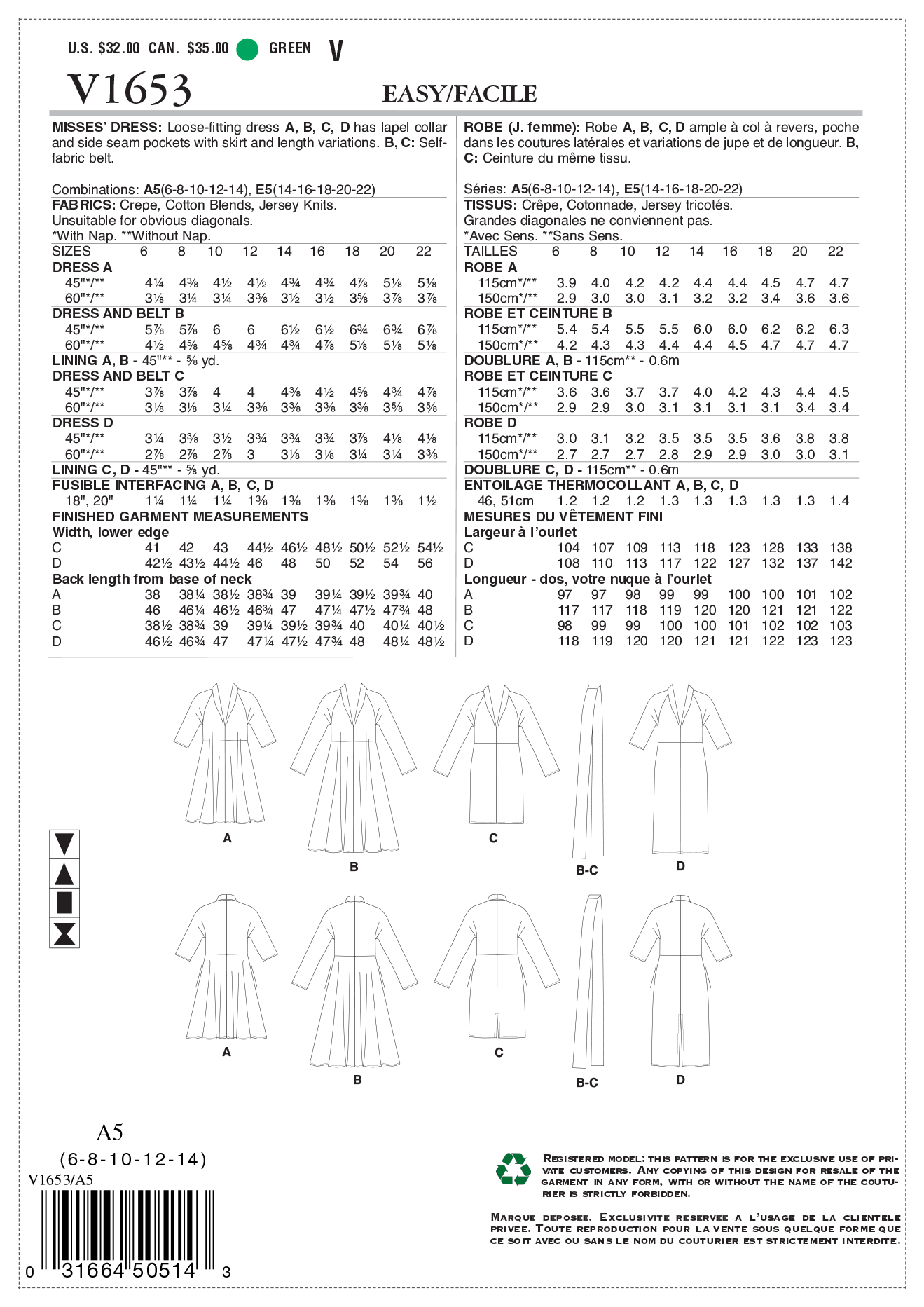 Vogue Sewing Pattern Misses' Dress 1653 A5 (Sizes 6-14)
