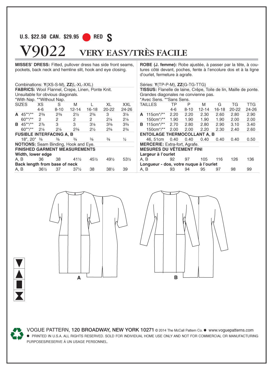 Vogue Sewing Pattern Misses' Dress 9022ZZ (Sizes L-XL-XXL)