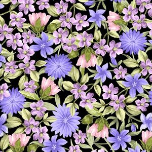 Spring Breeze, Springtime Flowers Black, Cotton Fabric 110cm Wide (0202-9112)