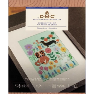 DMC Designer Cross Stitch Kit Dogs In The Garden 24.3cm x 28.5cm By Little Dove Designs