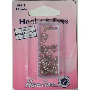 Hemline Rustproof Brass Hooks & Eyes, Nickle, Size 1, 14 Sets, Silver Colour, Re-Usable Box