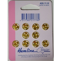 Metal Snap Fasteners, GOLD, 11mm Dia., 10 Sets Sew-In, By Hemline