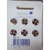 Metal Snap Fasteners, NICKLE, 13mm Dia., 6 Sets Sew-In, By Hemline