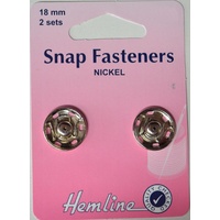 Metal Snap Fasteners, NICKLE, 18mm Dia., 2 Sets Sew-In, By Hemline