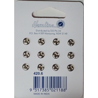 Metal Snap Fasteners, NICKLE, 6mm Dia., 12 Sets Sew-In, By Hemline