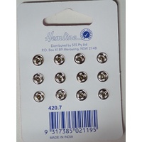 Metal Snap Fasteners, NICKLE, 7mm Dia., 12 Sets Sew-In, By Hemline