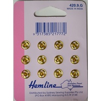 Metal Snap Fasteners, GOLD, 9mm Dia., 12 Sets Sew-In, By Hemline