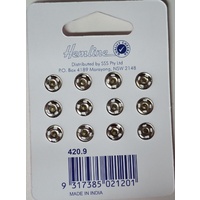 Metal Snap Fasteners, NICKLE, 9mm Dia., 12 Sets Sew-In, By Hemline