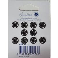 Metal Snap Fasteners, BLACK, 11mm Dia., 10 Sets Sew-In, By Hemline