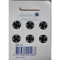 Metal Snap Fasteners, BLACK, 13mm Dia., 6 Sets Sew-In, By Hemline