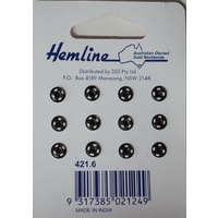 Metal Snap Fasteners, BLACK, 6mm Dia., 12 Sets Sew-In, By Hemline