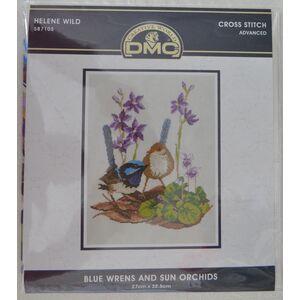 DMC Blue Wrens and Sun Orchids Cross Stitch Kit by Helene Wild 27 x 32.5cm