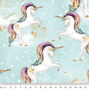 Rainbow Unicorns Celestial Clouds BLUE, 112cm Wide Cotton Fabric