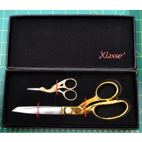 KLASSE Scissors GOLD GIFT SET of 2, FAUX LEATHER, 8.5in Dressmaker & 3.5in Stork