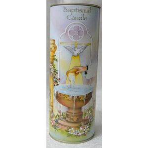 Baptism Pillar Candle In a Decorative Tin, 65 x 175mm, Candle 60mm Dia x 140mm