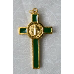 St Benedict Crucifix, All Metal With GREEN Enamel Inlay 60mm x 30mm