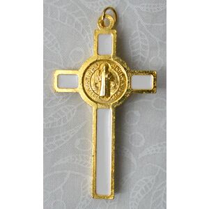 St Benedict Crucifix, All Metal With WHITE Enamel Inlay 60mm x 30mm