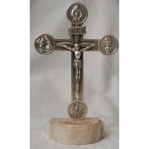 Standing Metal Crucifix on Resin Water Font, 110mm x 67mm
