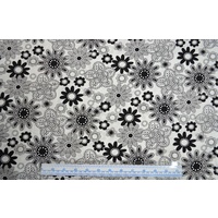 Funky Flowers White, 110cm Wide Per Metre, Black and White 100% Cotton Prints