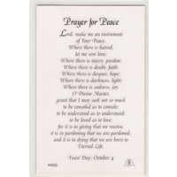 Prayer For Peace, Laminated Prayer Card, 110 x 70mm, Holy Card