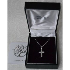 Sterling Silver Chain and Engraved Scroll Cross, In Box