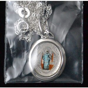 Sterling Silver ST BENEDICT Medal Pendant and Chain, In Box