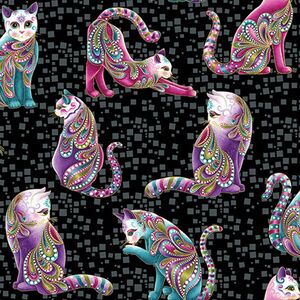 Cat-I-Tude, Artist-O-Cats Black, Gold Metallic Print Cotton Fabric 7122/112