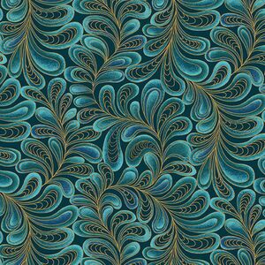 Cat-I-Tude, Feather Frolic Teal, Metallic Print, 110cm Wide Cotton Fabric 7122/554