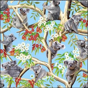 KOALAS In Eucalyptus Trees BLUE, 112cm Wide Cotton Fabric 9107C