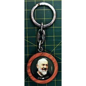 KeyRing St Christopher & Padre Pio, Double Sided, 35mm Wood Disc, 95mm Long