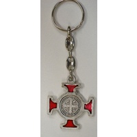 Keyring, Saint Benedict, RED Enamelled Cross, Heavy Duty