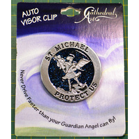 ST MICHAEL Visor Clip, Enameled Metal, 44mm Diameter, Gift Card 100 x 75mm