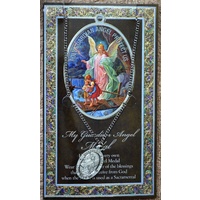 Guardian Angel Pewter Medal, 17 x 24mm Oval Pendant, Stainless Steel Chain & Biography