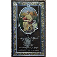 Pewter Saint Mark Medal Pendant, 15 x 24mm Oval, Stainless Steel Chain & Biography