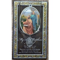 Pewter Saint Matthew Medal Pendant, 15 x 24mm Oval, Stainless Steel Chain & Biography