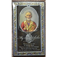 Pewter Saint Nicholas Medal Pendant, 15 x 24mm Oval, Stainless Steel Chain & Biography