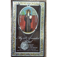 Pewter Saint BENEDICT Medal Pendant, 15 x 24mm Oval Pendant, Stainless Steel Chain & Biography
