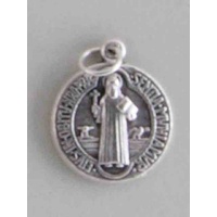 Saint Benedict Round Medal Pendant, 18mm Silver Oxide, Made In Italy Quality