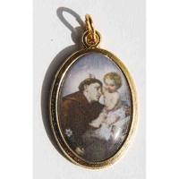 St Anthony Coloured Picture Medal Pendant, 20mm x 15mm Gold Tone, Made In Italy