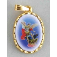 St Michael Picture Medal Pendant, 20mm x 15mm Gold Tone Border, Made In Italy Quality