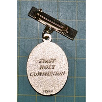 Communion Medal With Bar, Gold Tone, White Enamelled, Medal is 21mm x 28mm