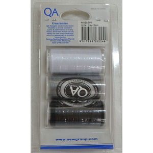 QA Thread 3 Spool x 500m All Purpose Sewing Thread BLACK, WHITE, GREY
