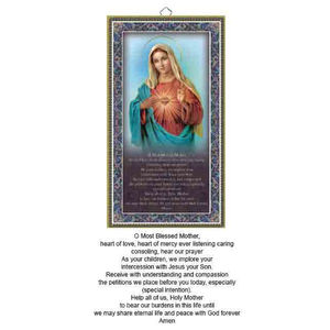 Gold Foiled Wood Prayer Plaque, Sacred Heart Of Mary, Blessed Mother, Crafted In Italy
