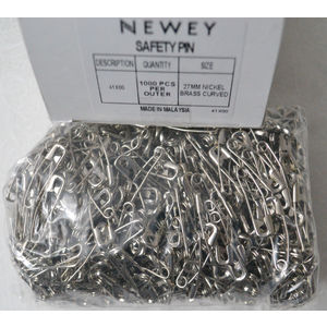 Newey Bulk Curved Safety Pins 27mm, Silver Tone Nickle Brass, 1000 piece per Box
