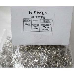 Newey Bulk Curved Safety Pins 38mm, Silver Tone Nickle Brass, 1000 piece per Box