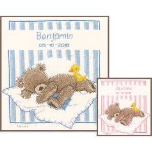 Vervaco POPCORN BEAR & SOUFFLE DUCK Birth Record Counted Cross Stitch Kit PN-0148181