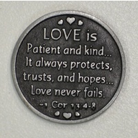 Love Is... Pocket Token With Message / Prayer 31mm Diameter Metal