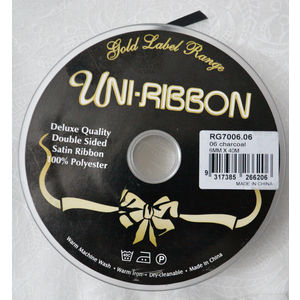 Uni-Ribbon Double Sided Satin Ribbon, 6mm, 06 CHARCOAL, Full 40 Metre Roll